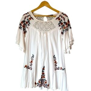 Bluheaven Embroidered White Floral Women's Smocked Baby Doll Dress, Long Top, S